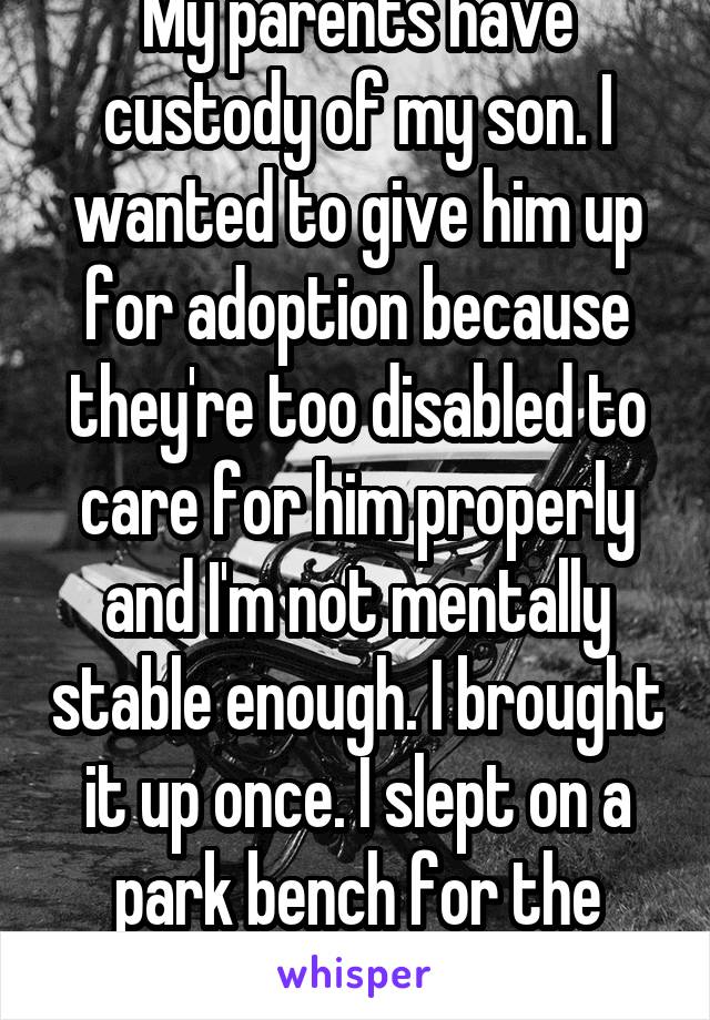 My parents have custody of my son. I wanted to give him up for adoption because they're too disabled to care for him properly, and I'm not mentally stable enough. I brought it up once. I slept on a park bench for the next week.