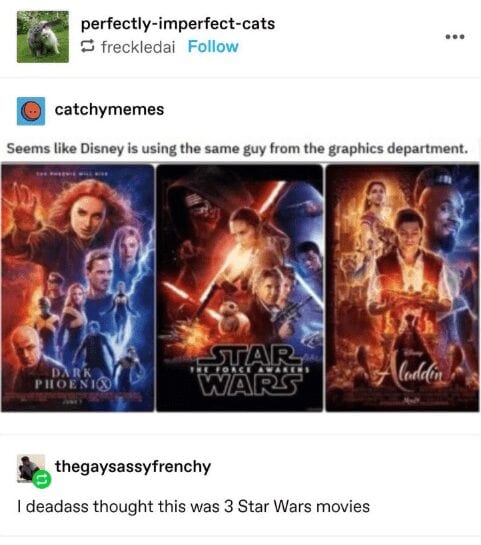 Seems like Disney is using the same guy from the graphics department. I thought this was 3 Star Wars movies.