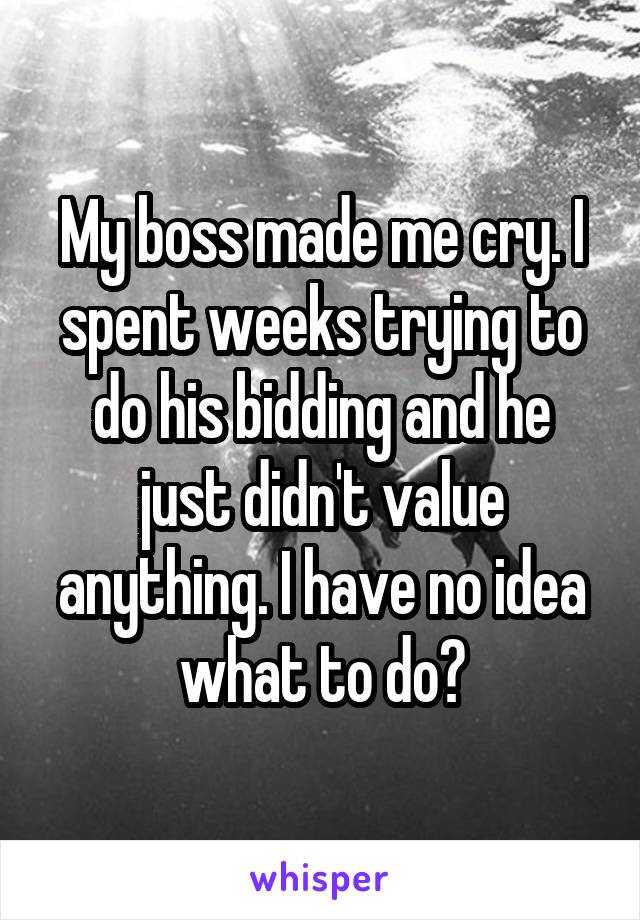 My boss made me cry. I spent weeks trying to do his bidding and he just didn't value anything. I have no idea what to do?